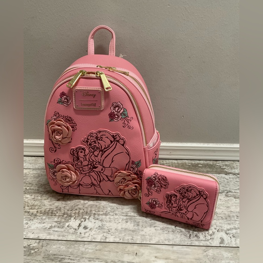 NWT Loungefly Beauty and the Beast rose Backpack and wallet